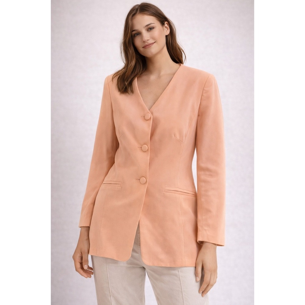 Terry Lewis‎ Classic Luxuries Womens Peach 100% Silk Collarless Blazer Jacket S
